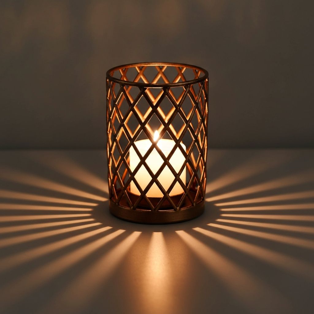 Bronzefarbener Kerzenständer mit Rauten-Struktur und indirektem Lichtschatten-Effekt