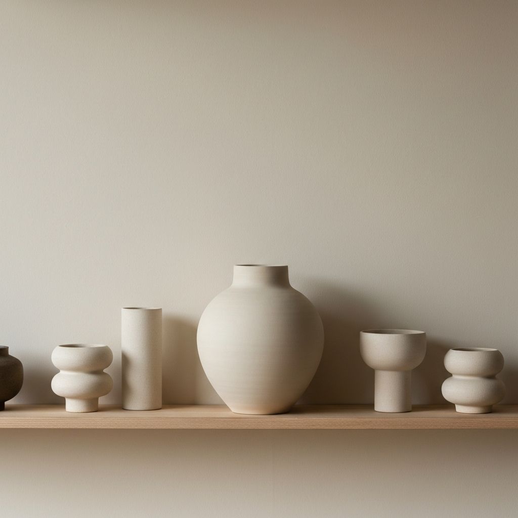 Minimalistisches Regalarrangement mit räumlich verteilten Objekten