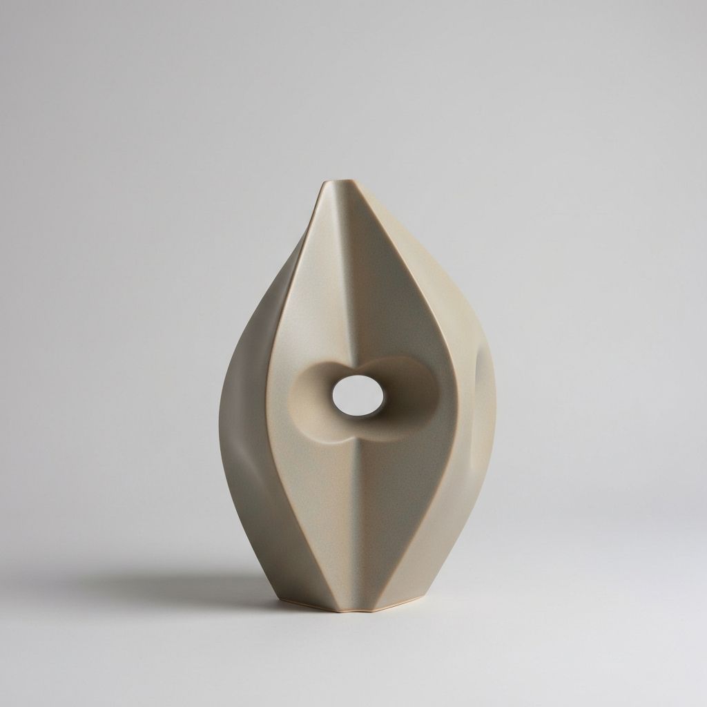 Abstrakte keramische Skulptur in Graubeige mit asymmetrischer geometrischer Form