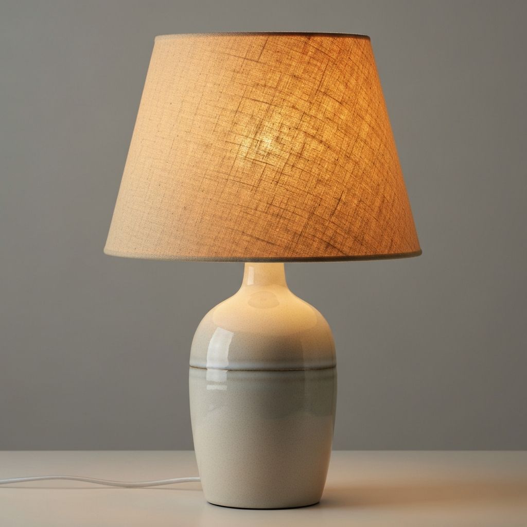 Keramik-Tischleuchte mit cremefarbener Matter Oberfläche und warmweißem Stoff-Schirm