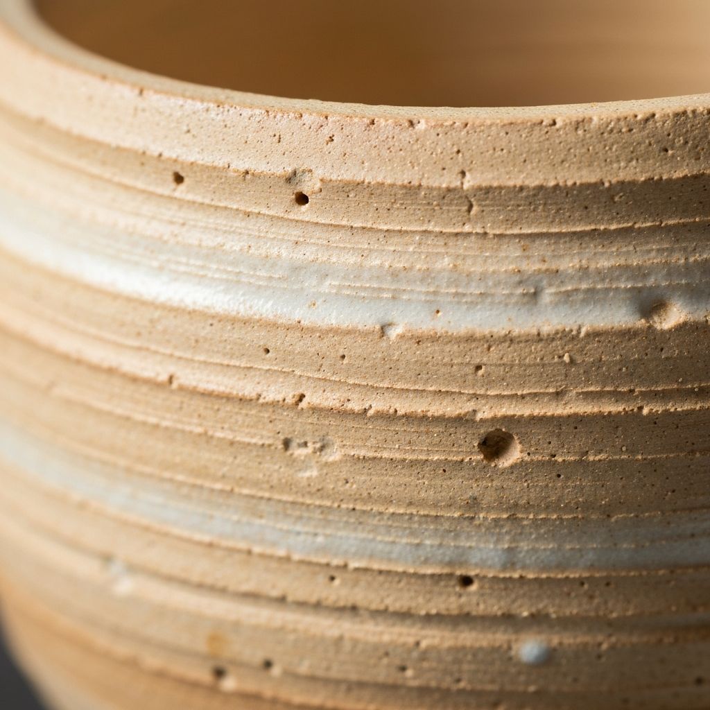 Nahaufnahme einer porenreichen Keramik-Oberfläche mit Handwerksglanz