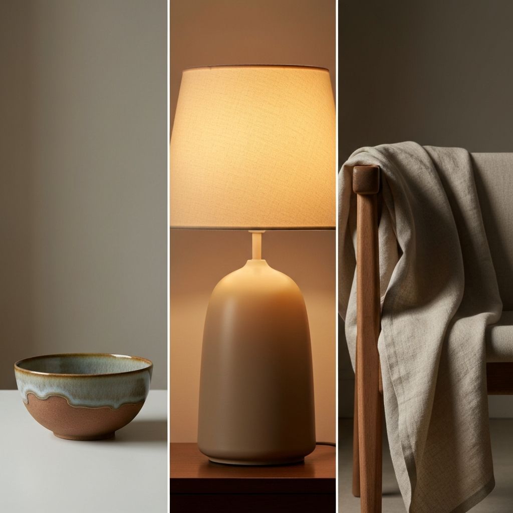 Komposition aus drei Elementen: Keramikschale, warmem Lampenlicht und Leinentextur